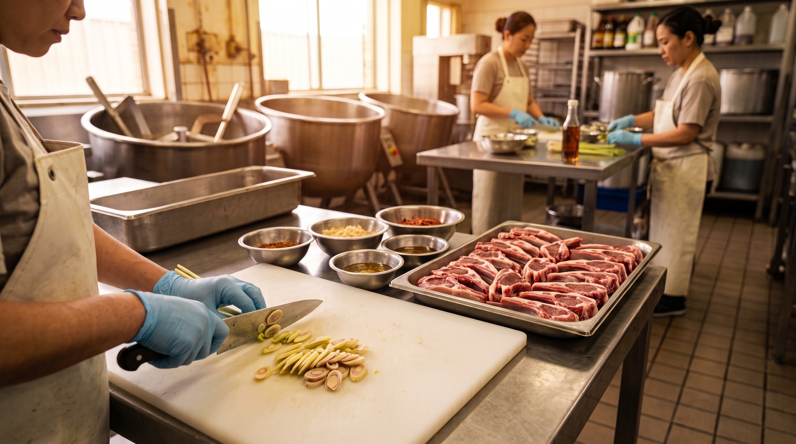 The kitchen at 99 Butchery — lemongrass being cut, trays of chops