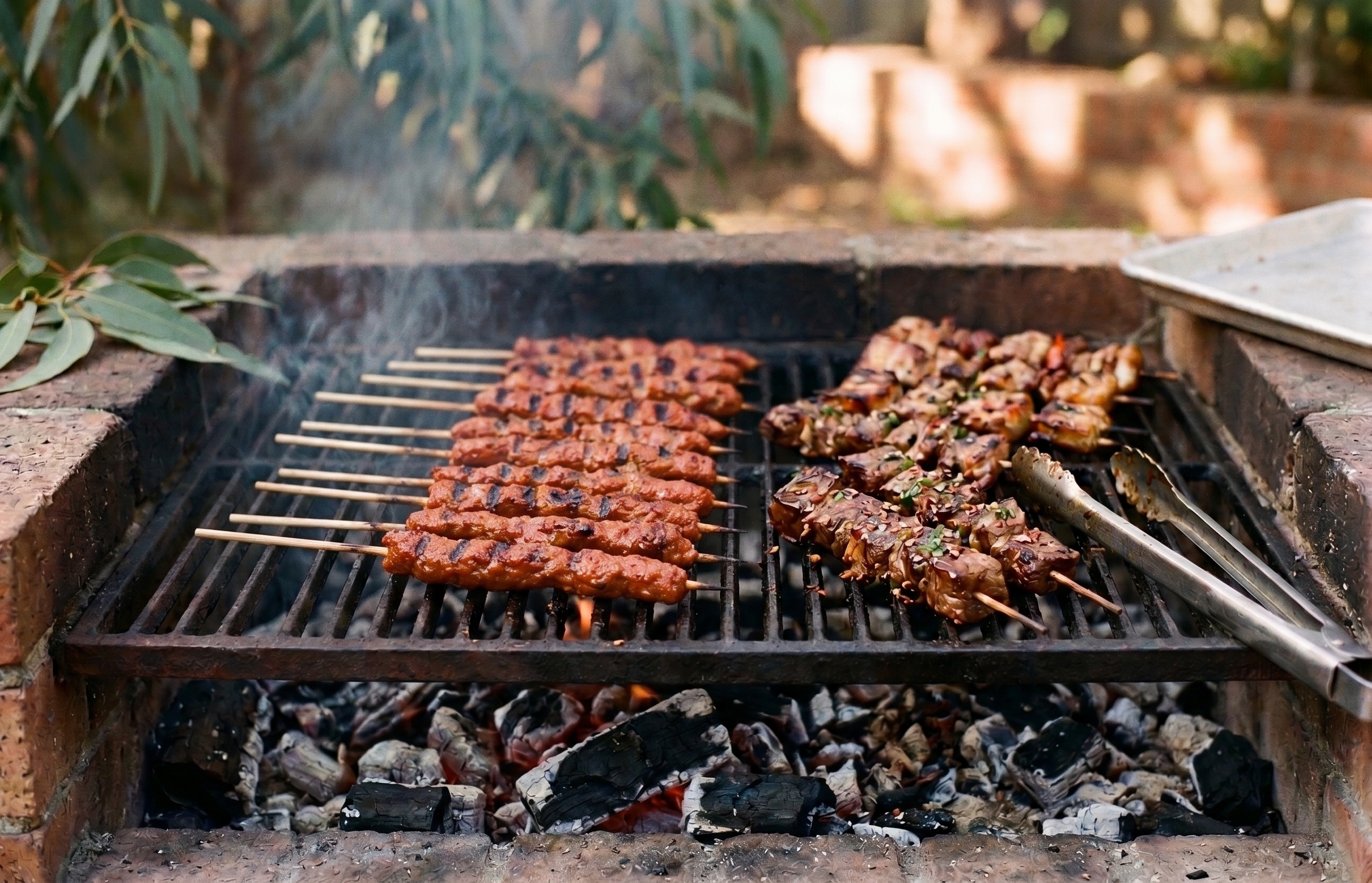 Marinated skewers over charcoal